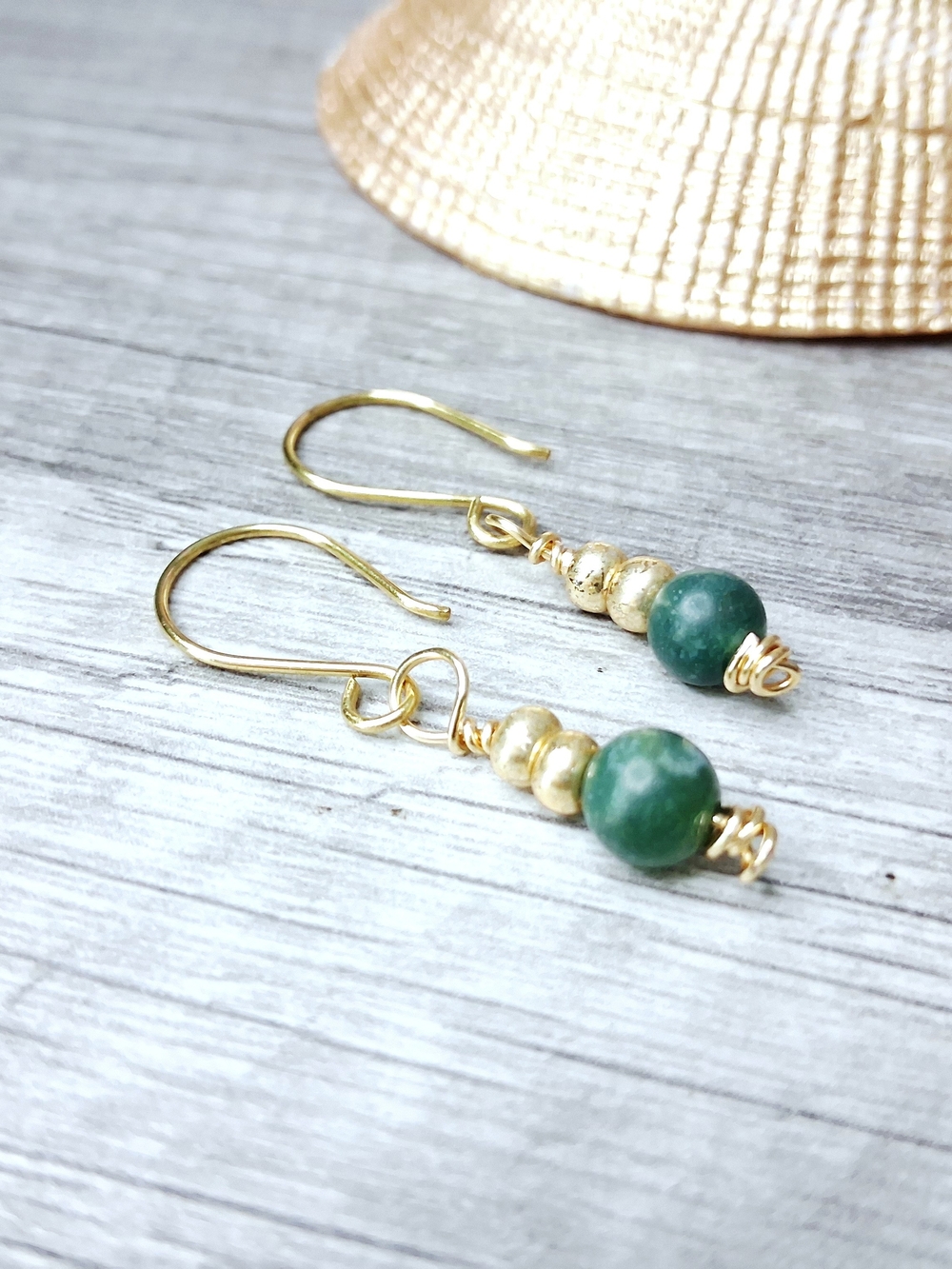 Dainty Moss Agate Gemstone Drop Earrings In Gold